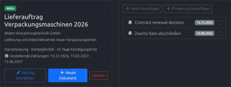 Die Detailseite eines Vertrags mit den anstehenden Zahlungen und der automatischen Verlängerungs-Erinnerung