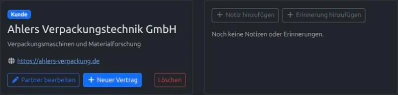 Die Detailseite eines Partners mit Bearbeiten, Neuer Vertrag und Löschen, daneben die Notizen