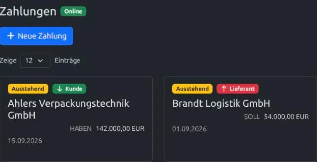 Zahlungen in der Kachelansicht mit Status, Richtung und SOLL/HABEN-Kennzeichnung