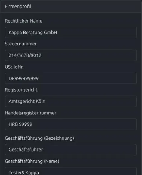 Das Formular Firmenprofil in den Einstellungen