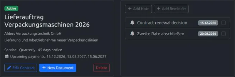 A contract's detail page listing its upcoming payments and its automatic renewal reminder