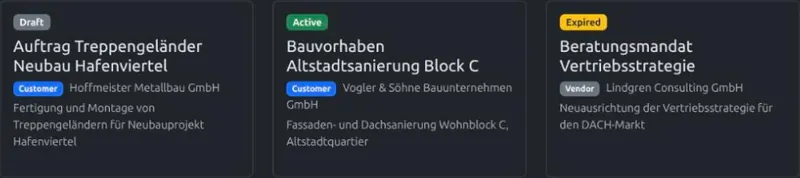 Contracts in Grid view with their status badges