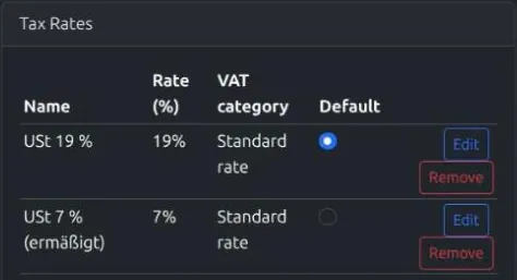 The Tax Rates table with a default rate